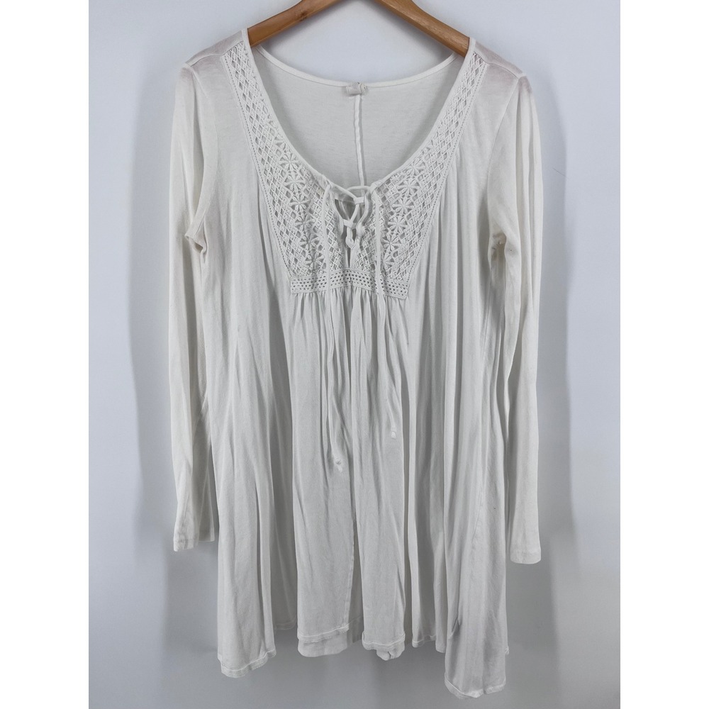 Womens White Crochet Lace Up Long Sleeve Boho Tunic Top M Cottagecore Whimsy